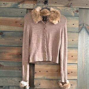 Bebe Beige Cardigan with Faux Fur Accents
